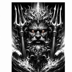 Cover-up ready, AI-generated black and grey tattoo design of a bearded ocean deity with glowing eyes, two tridents, and crashing waves.