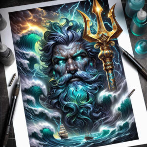 Colorful portrait of a storm god with glowing turquoise eyes, long teal hair, and a gilded trident, surrounded by crashing waves and two ships; a cover-up-ready tattoo project.