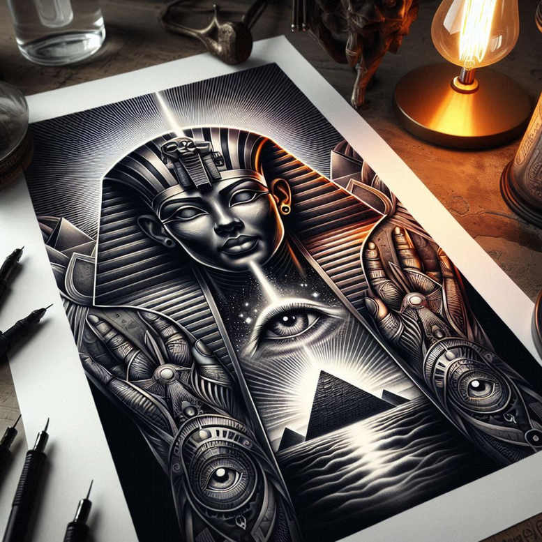 Pharaoh head in black and grey with All-Seeing Eye, pyramid panels, and gear-like details; cover-up-ready tattoo idea.