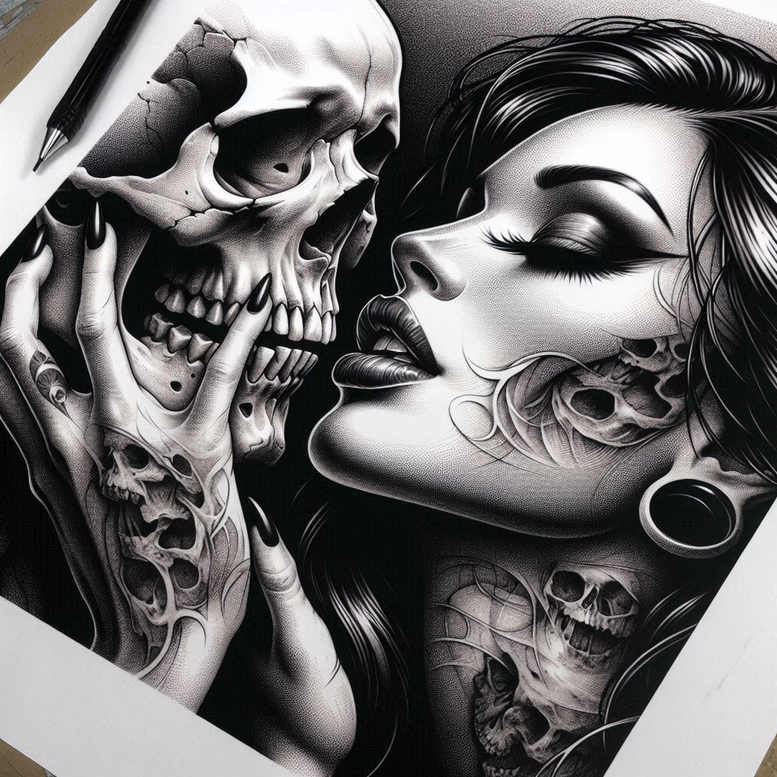 Black and grey portrait of a woman with skull motifs on the face and neck, a skeletal hand near her lips, and dark shading; project for cover-up.