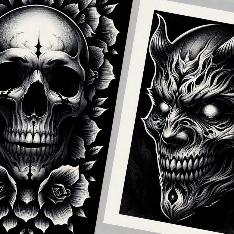 Skull, rose, and a fierce face in black and grey across two panels; AI-generated tattoo concept, cover-up-ready.