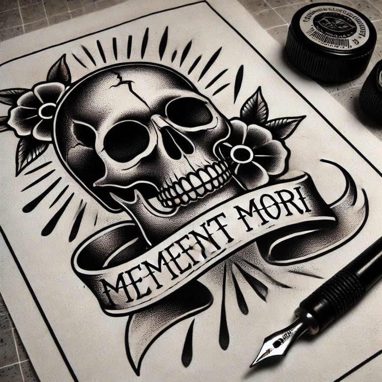 Skull with banner and two flowers in black and grey; design sketch; AI-generated tattoo project; perfect for cover-up.