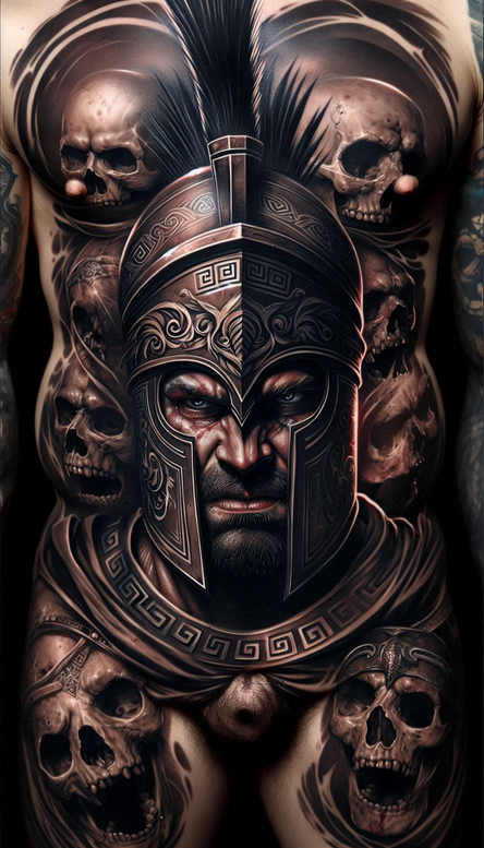 Black and grey tattoo design: a menacing Spartan helmet at center with ornate pattern, flanked by skulls; clearly a cover-up-friendly project.