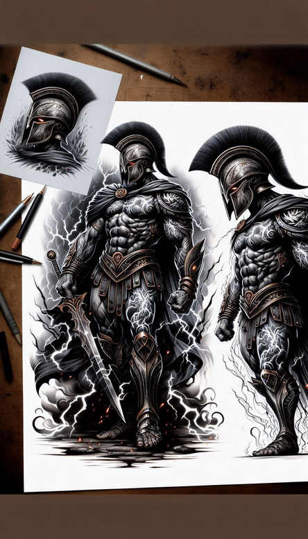 Black and grey Spartan knight study with armored helmet, twin swords, and crackling lightning; a cover-up-ready tattoo idea.