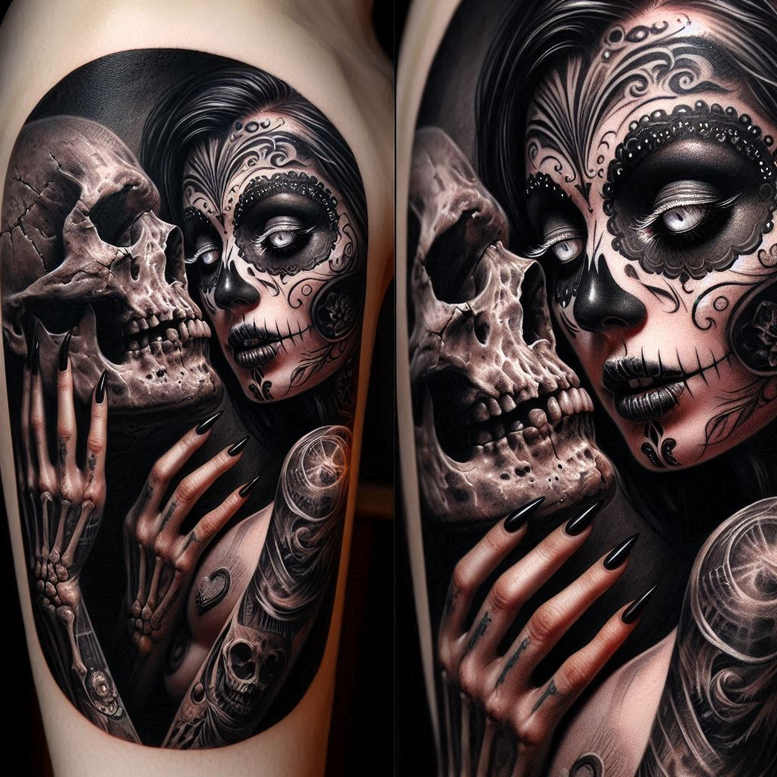 Woman with sugar skull makeup cradling a skull, with black and grey tattoo artwork on arm and hand; tattoo project, suitable for cover-up.