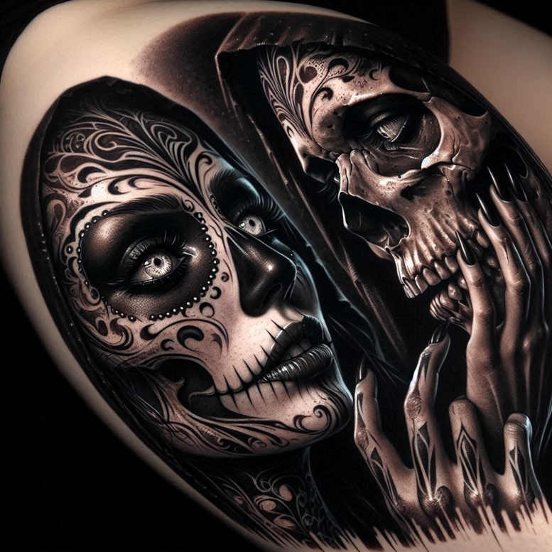 Dark black and grey tattoo design showing skull, face with sugar-skull filigree, hand, and hood; project suitable for cover-up.