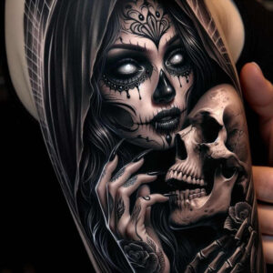 Black and grey tattoo design of a woman with sugar skull face paint, holding a skull, and a rose visible on the hand; cover-up-ready project.