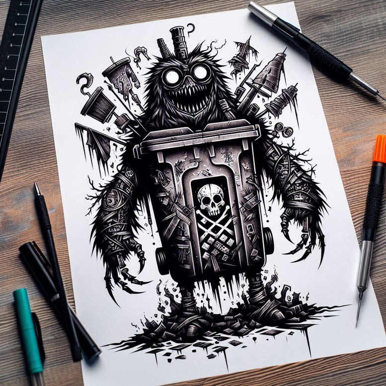 Black and grey trash can monster with skull emblem and goggles; debris and cracks; tattoo design concept for cover-up.