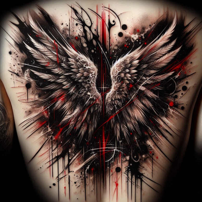 Wing back tattoo in black and grey with red accents; a cover-up project.