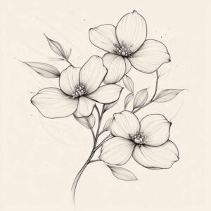 Black and grey line drawing of three flowers with stems and leaves; tattoo project idea; not ideal for a cover-up.
