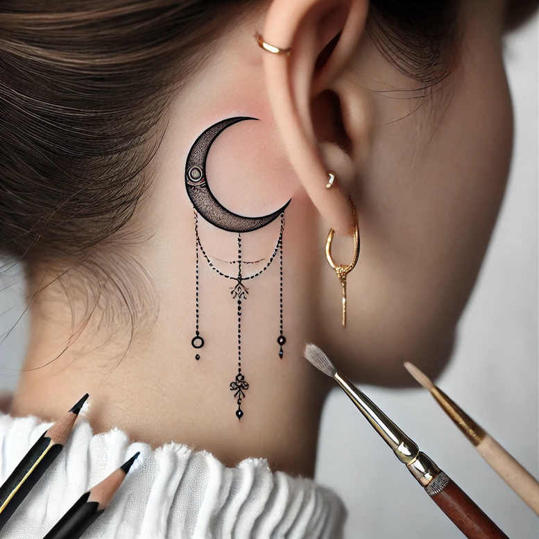 Black and grey crescent moon behind the ear with hanging chain strands and bead accents; tattoo design idea, suitable for a cover-up.