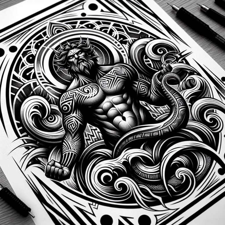 Black and grey tattoo design concept showing Poseidon-inspired muscular figure amid curling waves; project idea, cover-up ready.