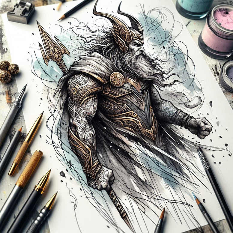 Black-grey Odin-inspired Norse warrior tattoo concept featuring horned helmet, armor, and cloak with blue energy accents; concept idea and cover-up-ready.