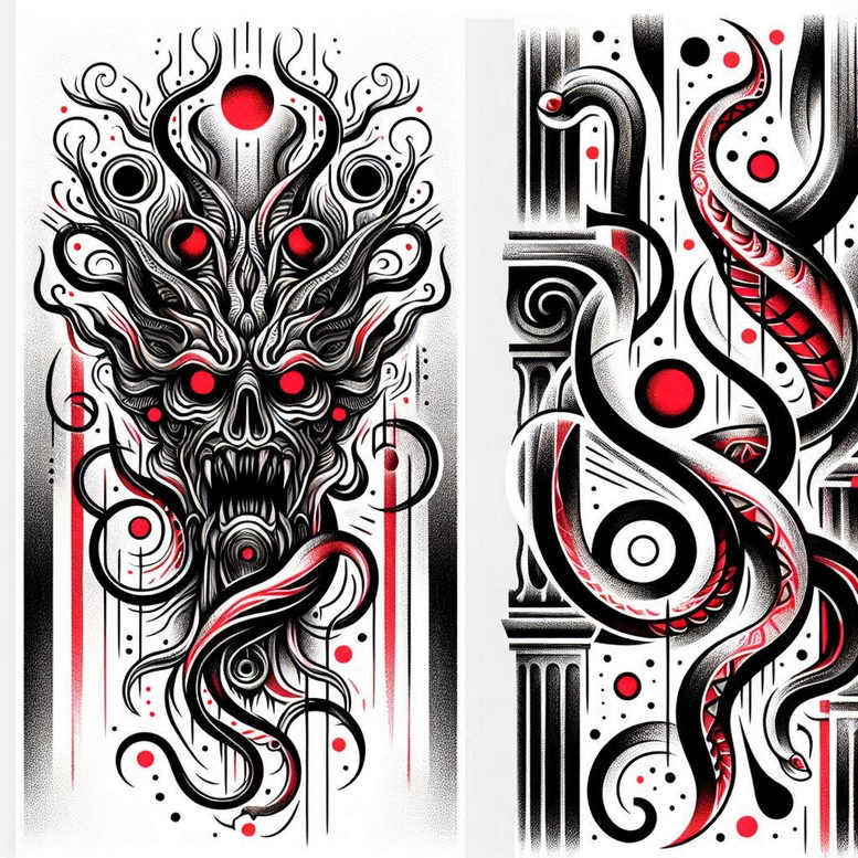 Skull-faced demon with twisting tentacles in black and grey ink, red accents; split-panel tattoo project — solid cover-up potential.