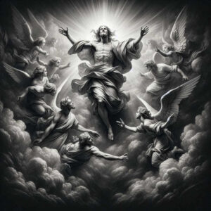 Christ figure central with angels around, dark clouds, halo and light rays in black and grey; AI-generated tattoo design concept, ideal cover-up.