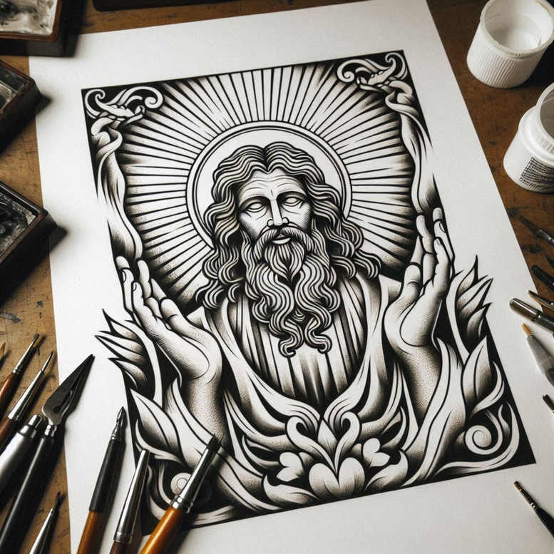 Bearded divine figure with halo in black and grey ink; visible elements: face, halo, hands, robe, floral pattern; tattoo project idea, cover-up ready.