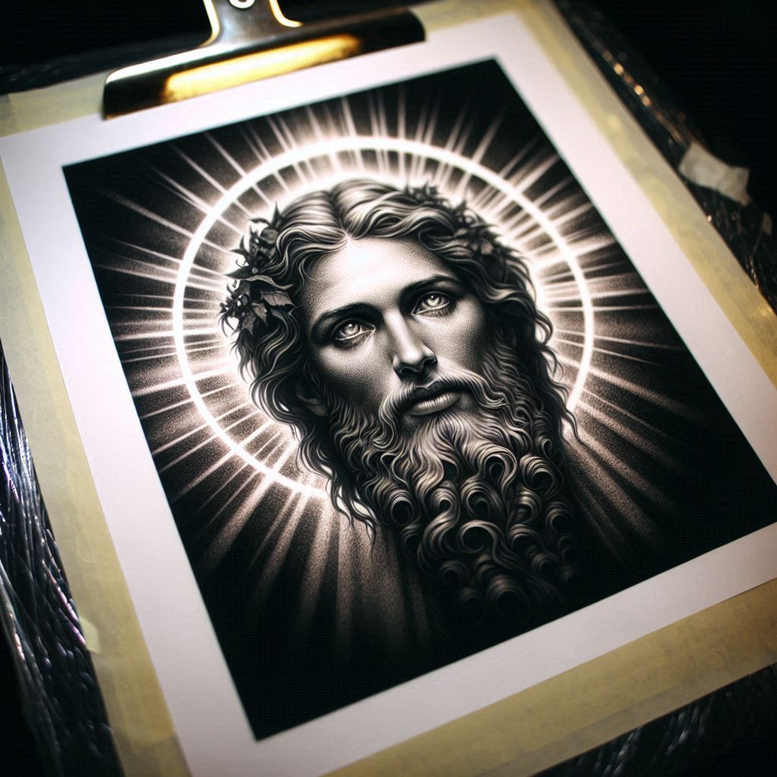 Black and grey tattoo design of a bearded, solemn figure with a radiant halo; AI-generated concept, project idea, cover-up ready.