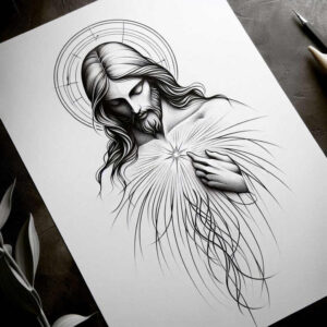 Monochrome figure with halo in a fine-line tattoo design; black and grey, project idea, cover-up suitable.