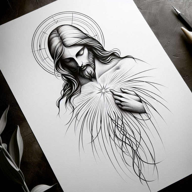 Monochrome figure with halo in a fine-line tattoo design; black and grey, project idea, cover-up suitable.