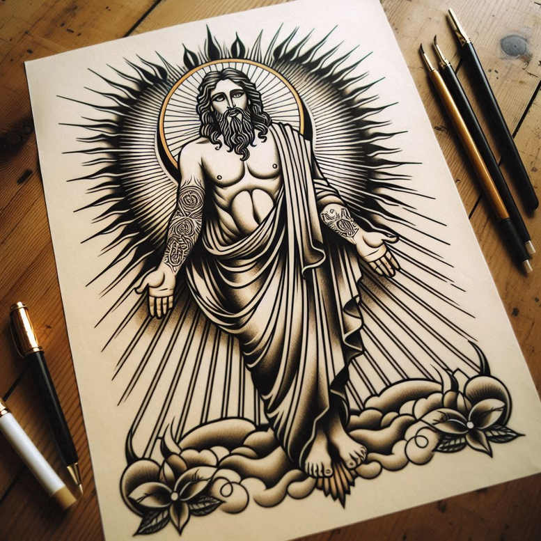 Divine figure with halo atop stylized clouds in black and grey linework, floral accents on the base, ink tools nearby; AI-generated tattoo project.