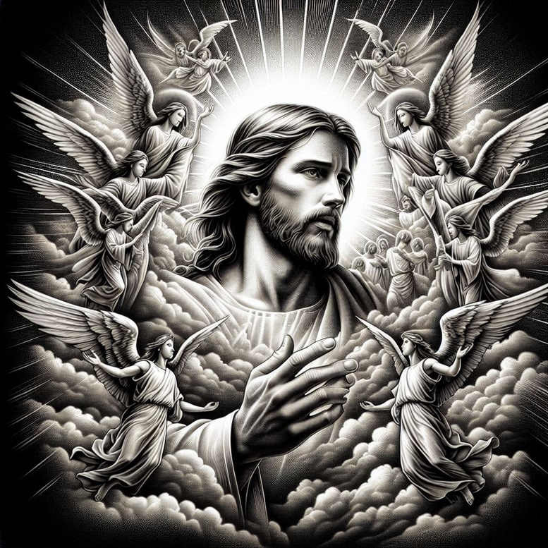 Central figure in black and grey, haloed, surrounded by angel silhouettes above clouds with radiant light; AI-generated tattoo project; ideal cover-up.