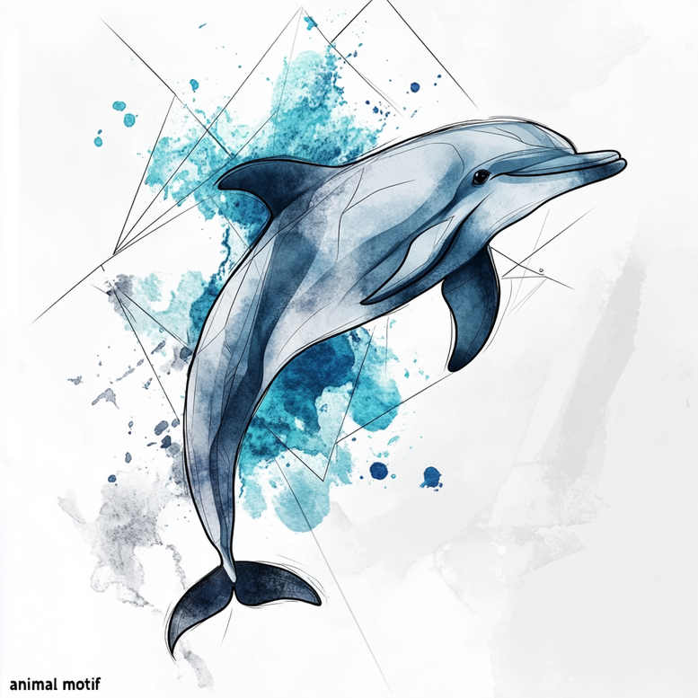 Dolphin in blue-gray tones with black geometric linework and aqua watercolor splashes; tattoo project, not primarily for cover-up.