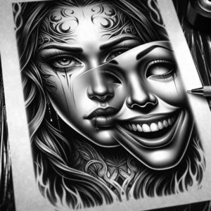 Face with overlapping mask-style features in black and grey ink on paper; pen visible; tattoo sheet in view; cover-up-ready project.
