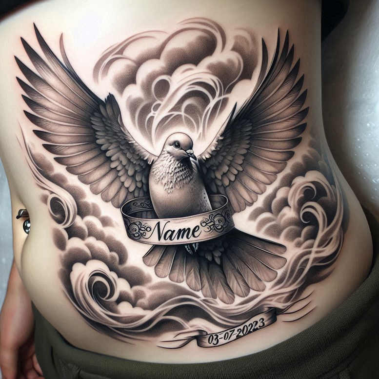 Black and grey tattoo of a white dove in flight with a banner among swirling clouds; Holy Spirit inspired concept design, cover-up ready.