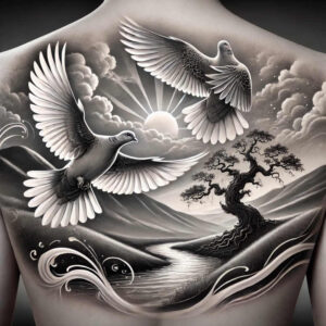dove-and-harmony – tattoo design ideas free ai generated – neotraditional-subtle-highlights – for-behind-ear – Gallery: doves-inkby-ai