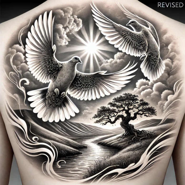 doves tattoo design ideas Surrealism vibrant contrasts elegant for upper chest