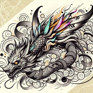 Dragon head with multicolor flame mane, black and grey scales, cloud crest and coiled bands; tattoo project; cover-up-ready.