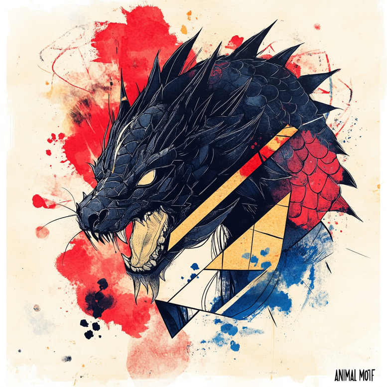 Dragon head in black and grey with yellow triangular overlay, red and blue watercolor splashes; tattoo design idea; cover-up suitable.