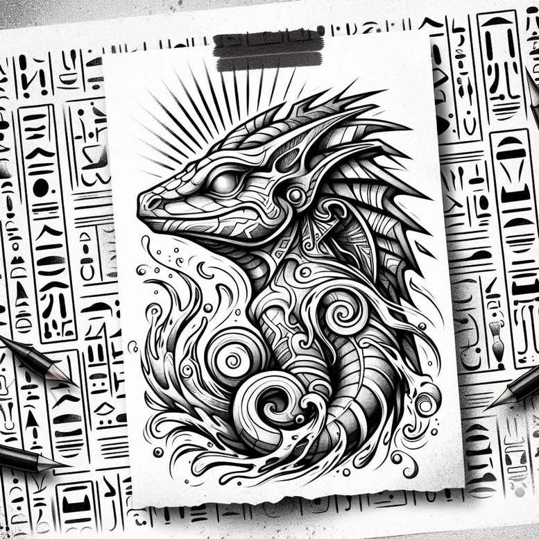 Dragon head drawing on white paper with a pencil beside; black and grey tattoo design; AI-generated tattoo project; pattern-filled; suitable for cover-up.
