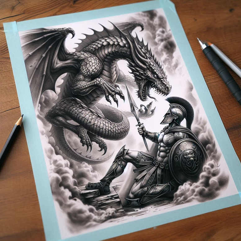 Dragon, knight, shield, spear, and clouds in black and grey ink; a project idea for a cover-up tattoo.