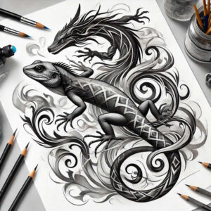 Dragon, lizard, swirl, pencil, brush, ink bottle, jar; black and grey tattoo project suitable for cover-up.