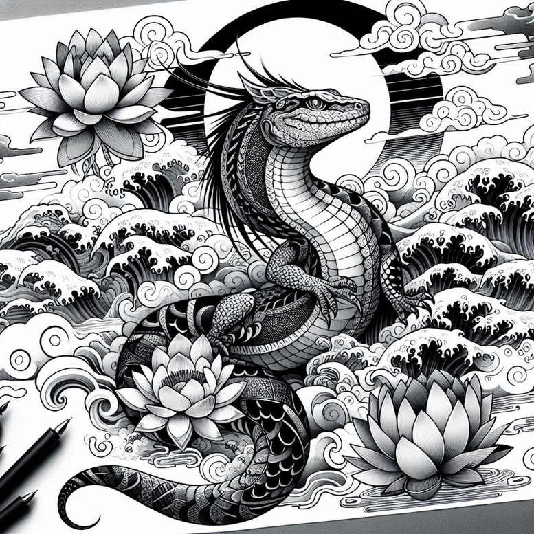 Serpent and lotus tattoo in black and grey with circular backdrop; Sobek-inspired concept, cover-up ready.