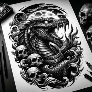 Dragon, skull, moon, swirling waves, and scales in black and grey; tattoo project; cover-up suitable.