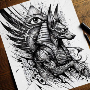 Dragon, wing, eye, and runes in black and grey; AI-generated tattoo project; suitable for a cover-up.