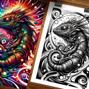 Two-panel dragon tattoo design: left panel colorful rainbow tones, right panel black and grey linework; tattoo project — not a cover-up.