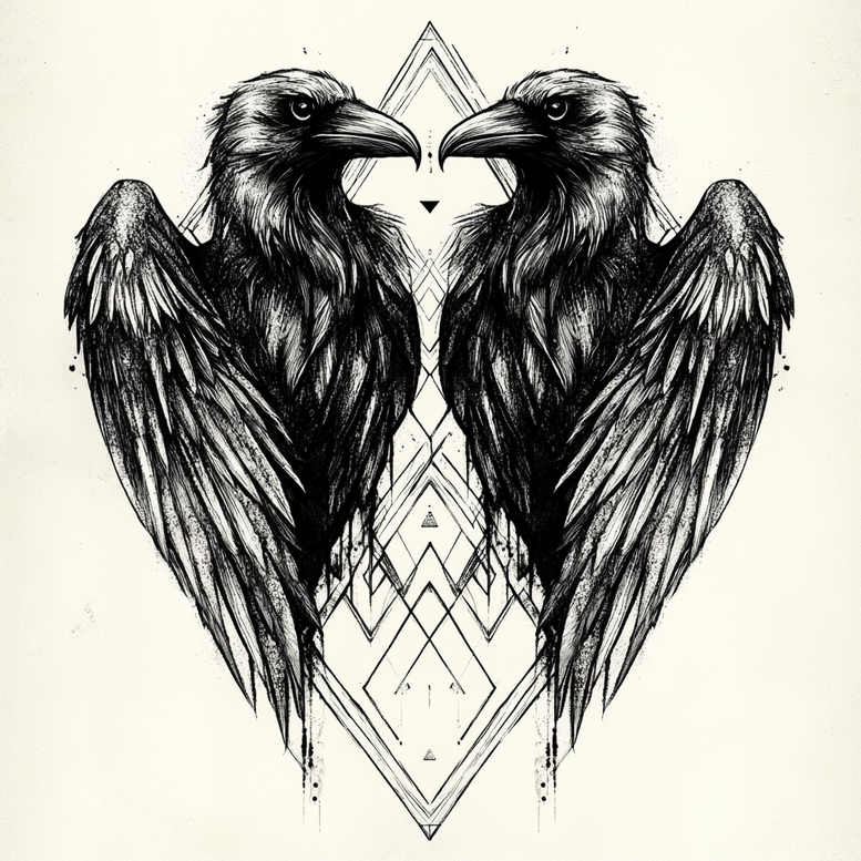 Two black raven silhouettes facing each other with a geometric diamond backdrop in black and grey ink; AI-generated tattoo project, suitable for cover-up.
