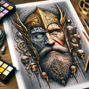 Split Viking portrait; left mechanical helmet with gears, right ornate gold crown helmet; blue eye, gray beard; skulls, gears, compass; color tattoo; project, not cover-up.