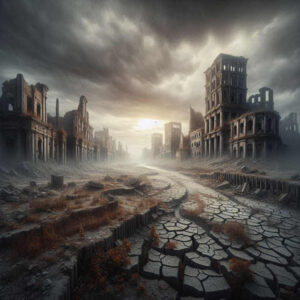 Ruins cityscape with cracked road and towers in a black and grey palette; tattoo design idea, cover-up suitable.