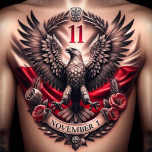Eagle with outstretched wings over a red banner, roses and laurel on the chest; full-color shading; AI-generated tattoo project; not specifically designed for cover-up.
