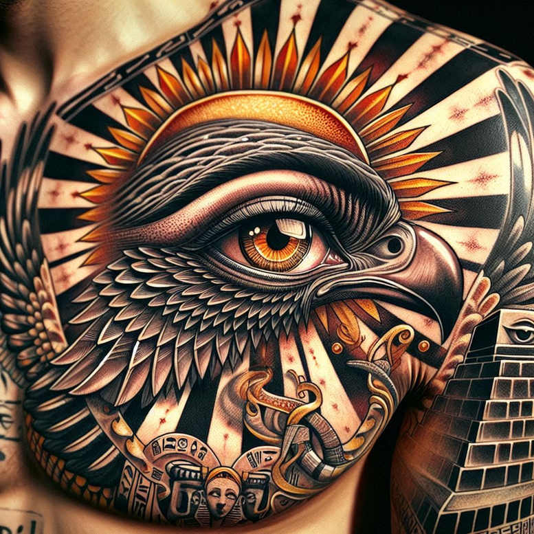 Colorful eagle head with orange sunburst rays, pyramid motif, and feather details; colored tattoo project; not intended for cover-up.