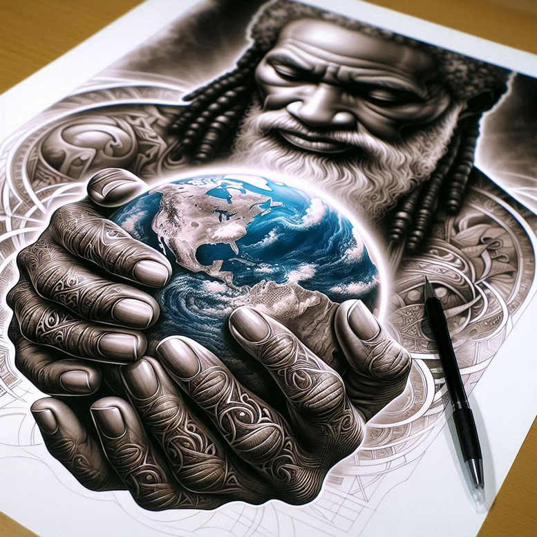 Bearded divine figure in black-and-grey tones cradles a blue globe; a grand, symbolic composition where hands hold the earth; AI-generated project, cover-up ready.