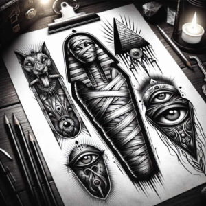 Black and grey tattoo design featuring a mummy wrapped in bandages, pyramid with an all-seeing eye, a cat figure, and an ornate amulet; AI-generated tattoo project; suitable for a cover-up.