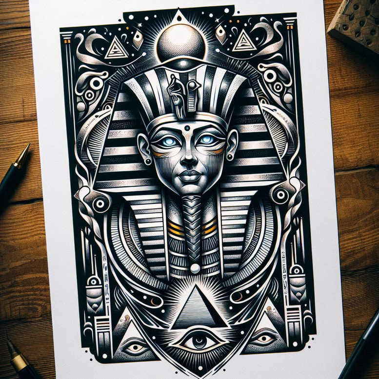 Pharaoh with striped headdress, blue-grey eyes, all-seeing eye triangle at bottom, black and grey shading, geometric patterns; AI-generated tattoo project; cover-up suitable.