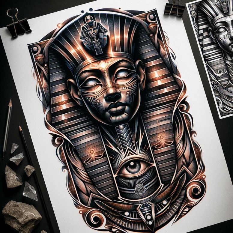 Mask of an Egyptian pharaoh in black and grey with copper highlights; features an all-seeing eye within a triangle, ornate pattern frame and geometric ornament; cover-up-ready tattoo project.