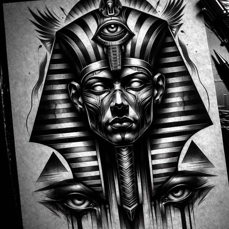 Pharaoh mask with striped headdress and central eye motif, black and grey, tattoo project, suitable for cover-up.