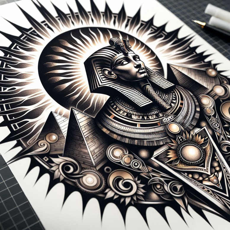 Pharaoh head in black and grey with sun halo, collar, circle, triangle; black and grey tattoo project, suitable for cover-up.